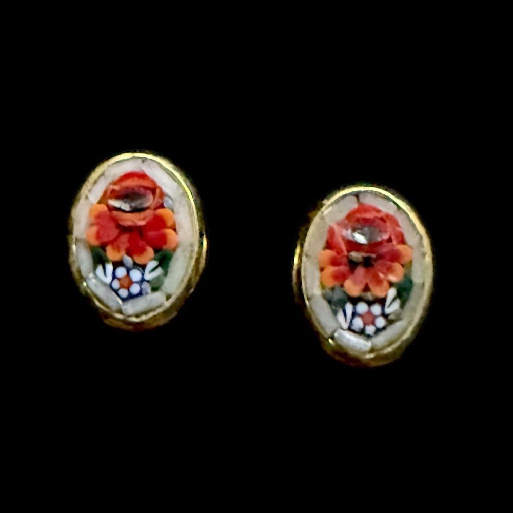 Vintage Italian Floral Micro Mosaic Earrings & Brooch Set on Card - Picture 6 of 11